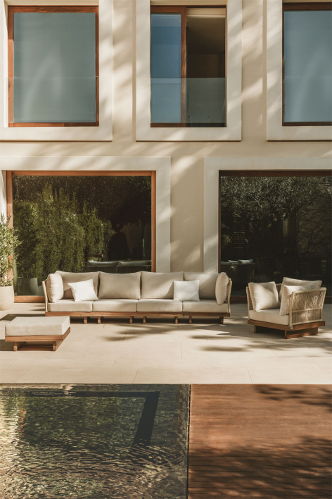 Garden set with 4-piece modular sofa with 2 corner chairs, armchair, and pouf in acacia wood Dailin