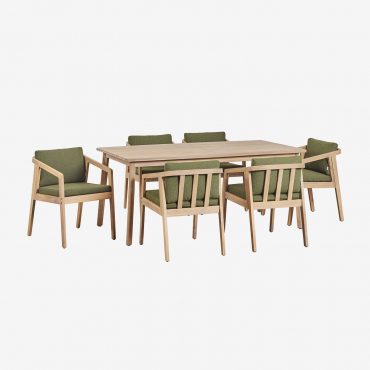 Rectangular Table Set (180x90 Cm) And 6 Dining Chairs In Kaela Acacia Wood Army Green Bouclé - Sklum