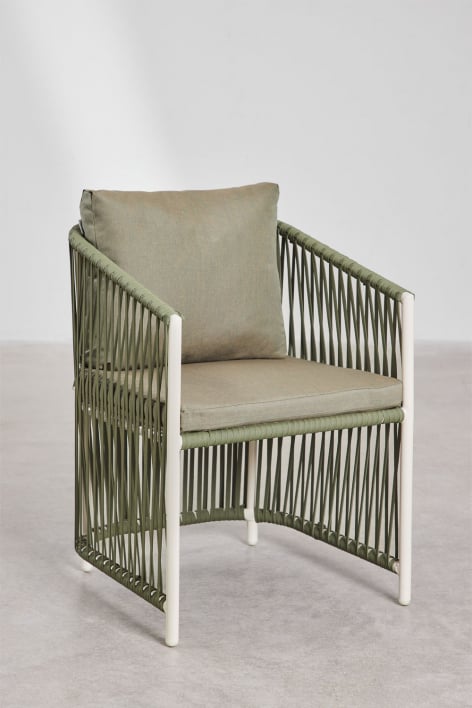 Dining chair with armrests in aluminium and braided rope Sophie - Light Army Green