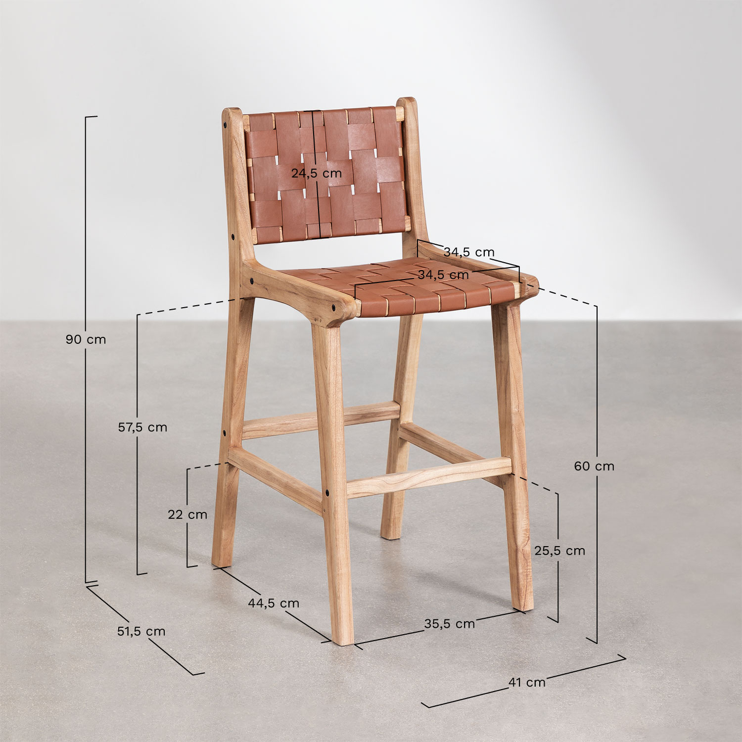 High stool 60 cm in wood and leather Zaid, medidas