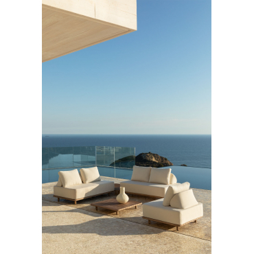 Portet 2-piece Corner Modular Sofa Garden Set, Side Table, Armchair, And 95x95 Cm Coffee Table In Acacia Light Brown Acacia - Sklum