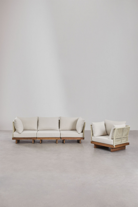 Living room set with 3-piece modular sofa including 2 corner armchairs and acacia wood armchair Dailin