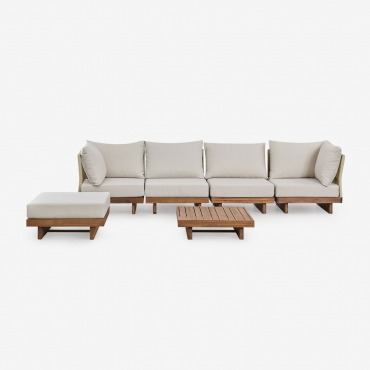 Living Room Set With 4-piece Modular Sofa With 2 Corner Armchairs, Coffee Table And Ottoman In Dailin Acacia Wood Acacia Brown - Sklum