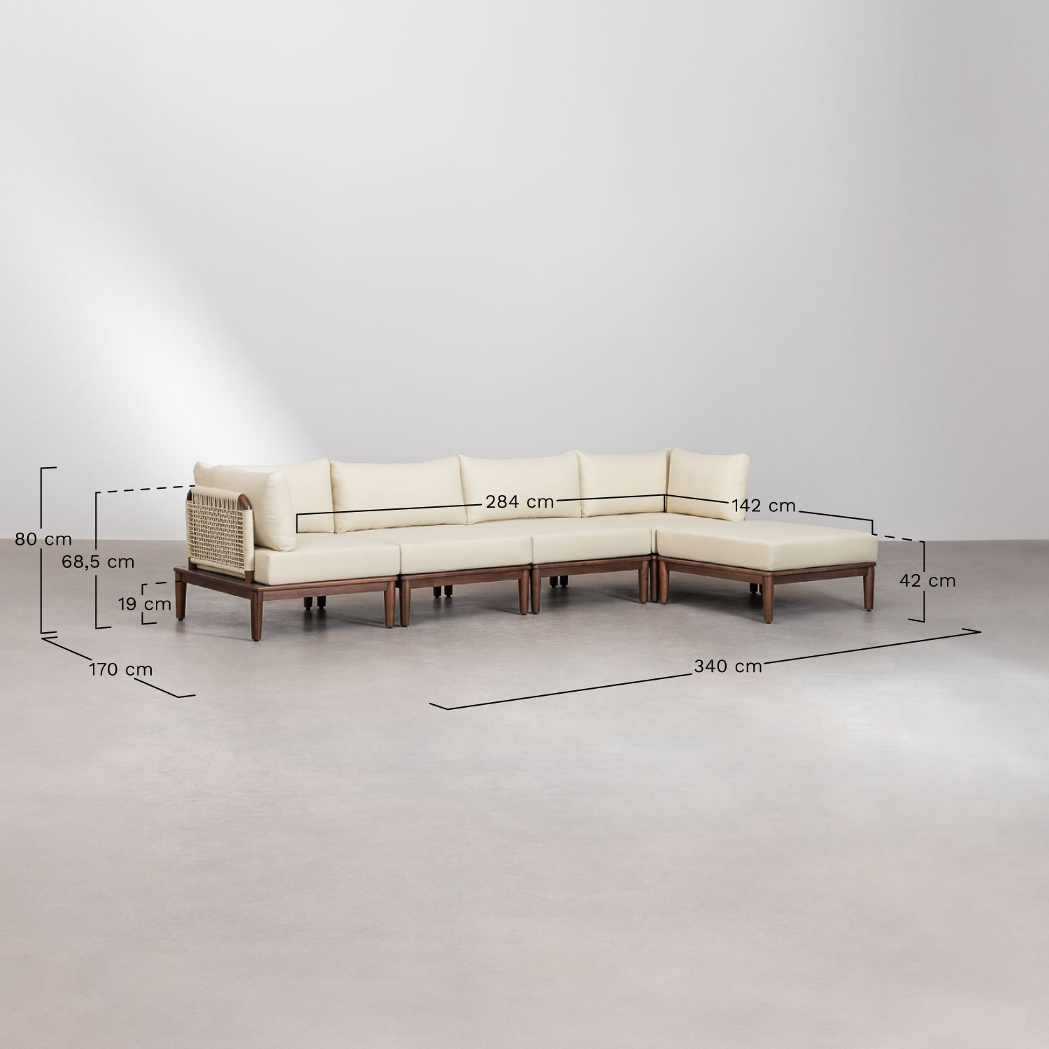 Giulia 4-piece modular garden sofa set with 2 corner chairs, coffee table, pouf, and armchair in acacia, medidas