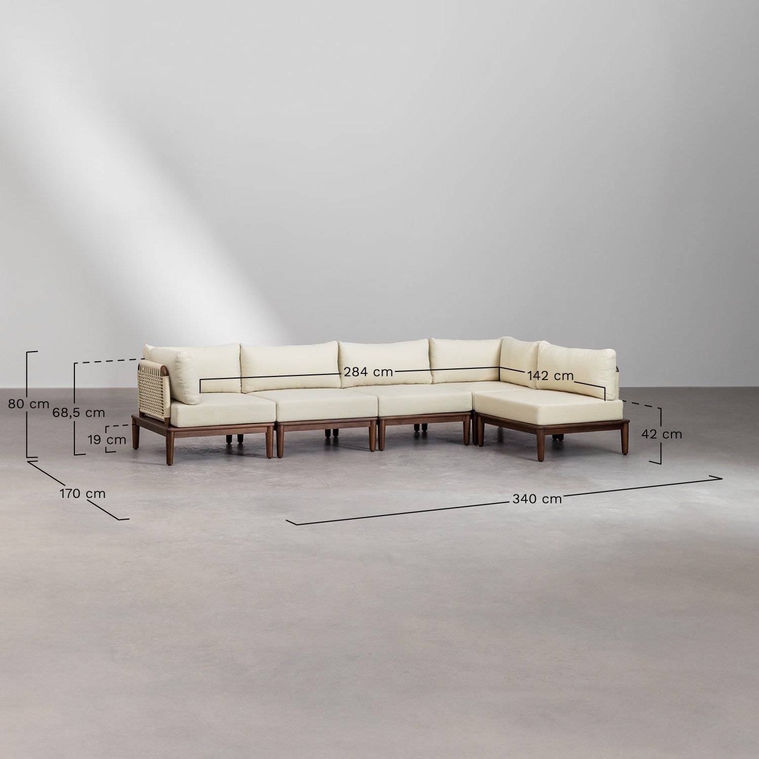 Giulia 5-piece modular garden corner sofa in acacia, medidas