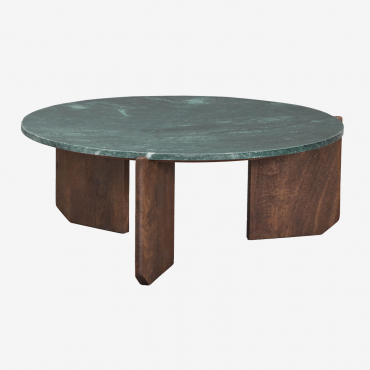 Lavinia Round Coffee Table In Natural Stone And Mango Wood Green Marble Udaipur & Dark Handle Wood & Ø85 Cm - Sklum