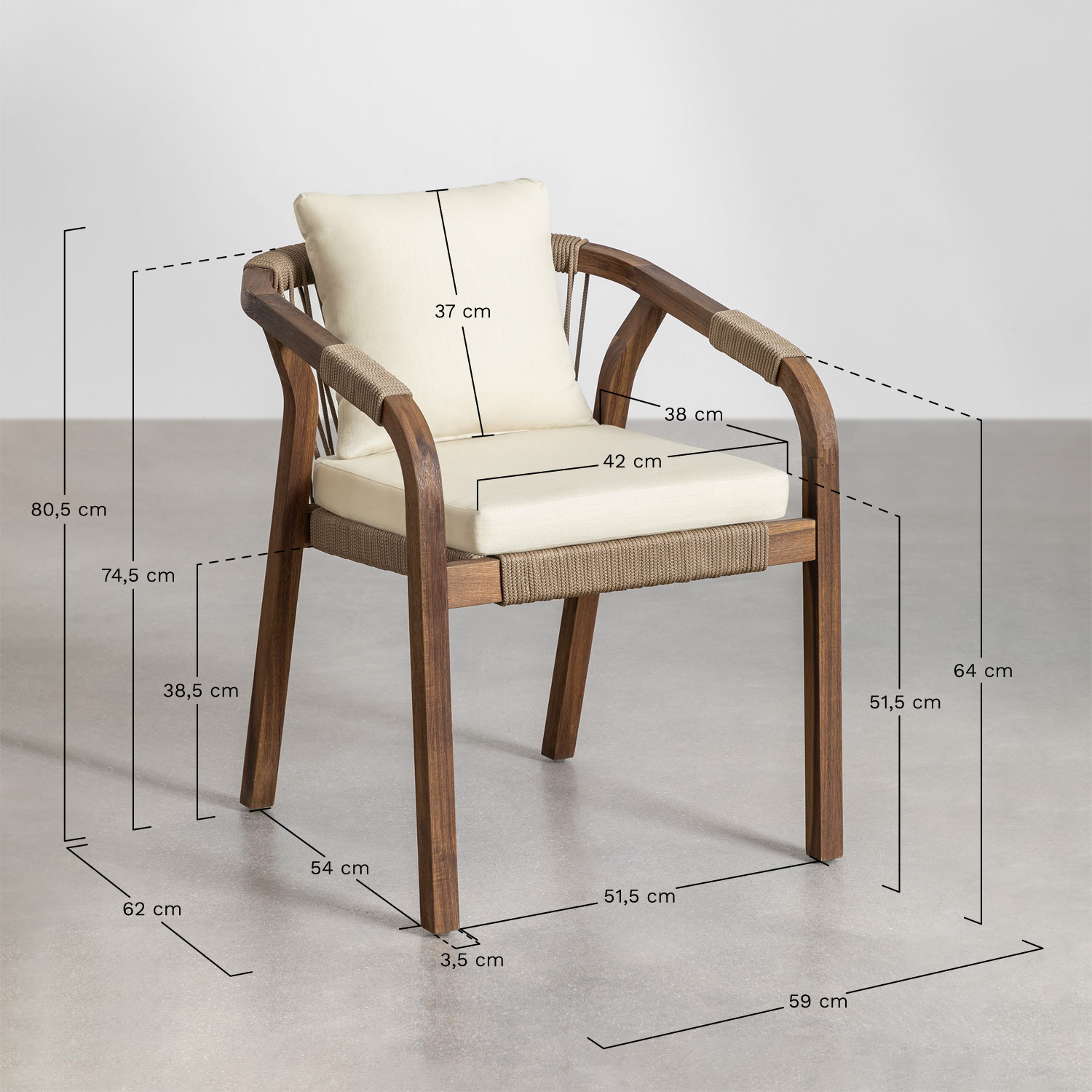 Pack of 4 garden chairs with armrests in acacia wood Dubai, medidas