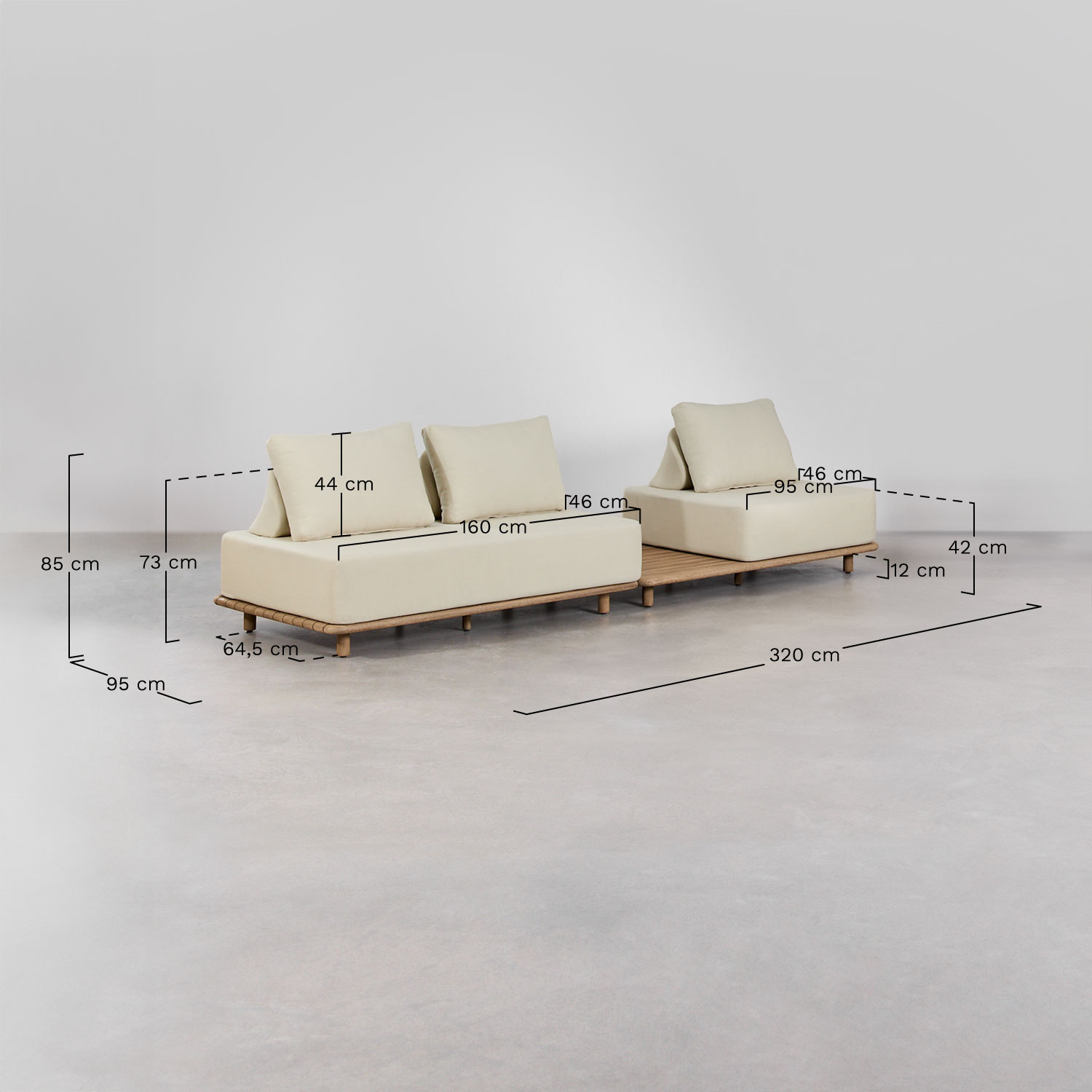 Living room set with 2-piece modular sofa and side table, sofa and 160x95 cm acacia coffee table Portet, medidas