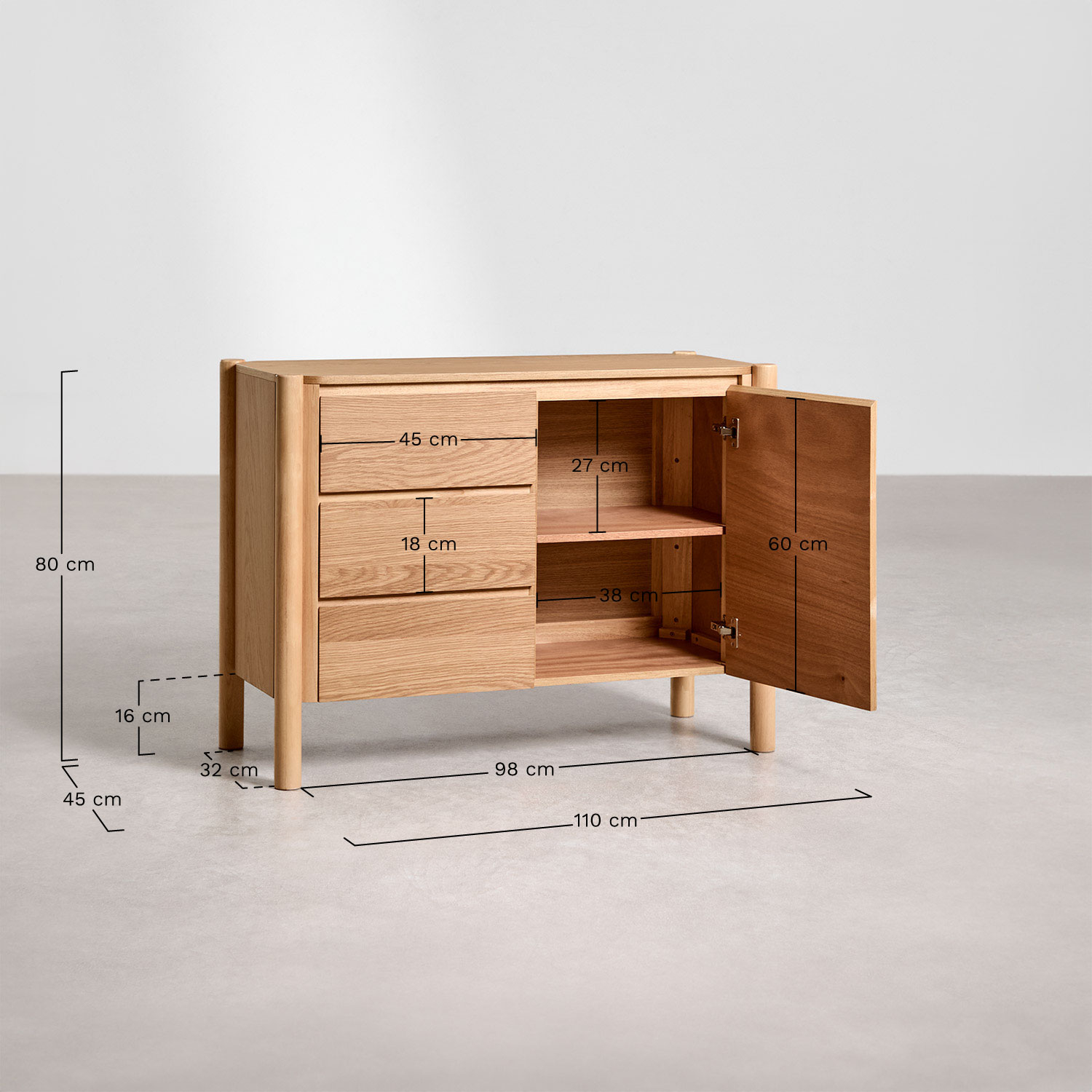 Rectangular sideboard 110x45 cm in MDF with Munden oak veneer, medidas