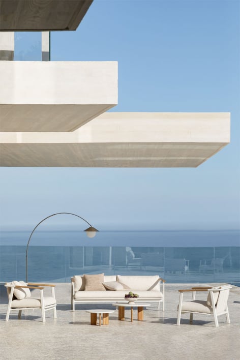 Garden set with 3-seater sofa in bouclé fabric, 2 coffee tables, and 2 armchairs in aluminum Yervin