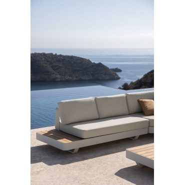 2-seater Modular Garden Sofa In Aluminum With Left Side Teak Wood Side Table Yarilo Natural Colors Bouclé - Sklum