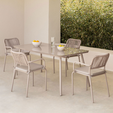 Arhiza Rectangular Table Set, 160 X 90 Cm, And 4 Stackable Aluminum Garden Chairs. Brown Frappé - Sklum