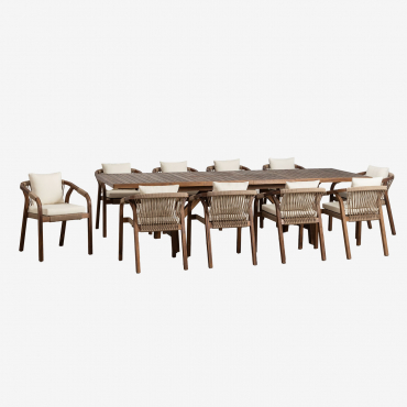 Rectangular Extendable Table Set 200-260-320x100 Cm And 10 Garden Armchairs In Acacia Wood Dubai Dark Acacia Brown & Fabric Gardenia White - Sklum