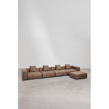 4-piece Modular Sofa With High Armrest And Ottoman (↔︎480 Cm) Bruna Suede Brown Coffee - Sklum