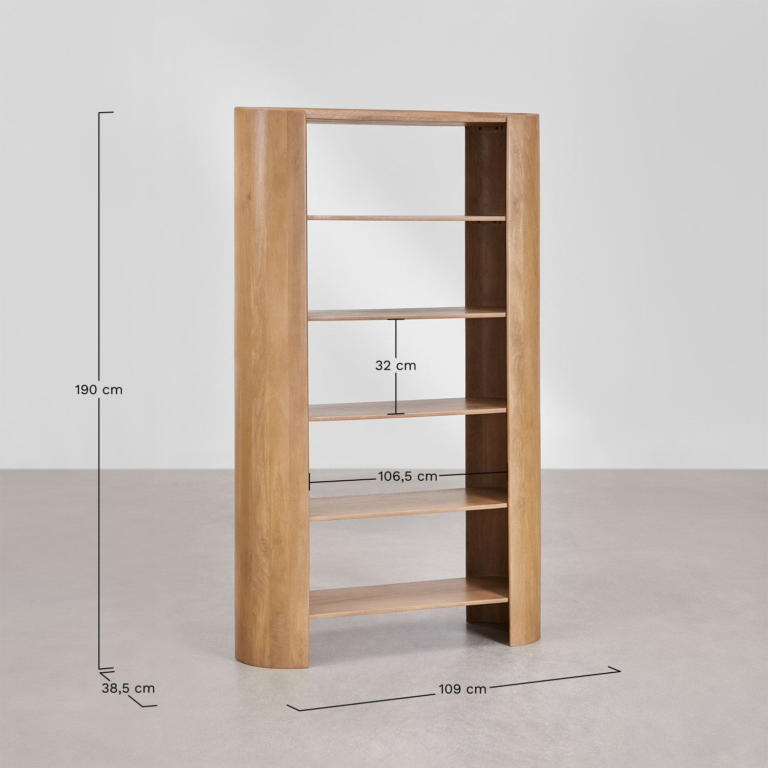 Sidney 6-shelf mango wood bookcase 110x190 cm, medidas