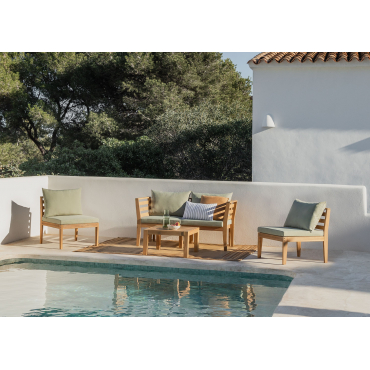 Garden Set With 4-piece Modular Sofa With Armrests And Coffee Table In Acacia Wood Philips Green Khaki - Sklum