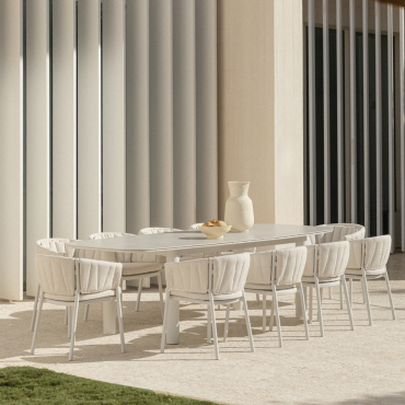 Rectangular Extendable Table Set 220-280x100 Cm In Zinti Ceramic And 10 Garden Chairs In Aluminum And Roderise Fabric Natural Colors Bouclé - Sklum