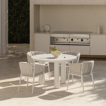 Round Table Set Ø120 Cm In Ceramic And Aluminum Arken And 4 Garden Chairs With Armrests In Aluminum And Fabric Roderise Fabric Sand Brown - Sklum