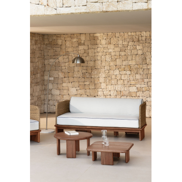 Garden Set With 3-seater Sofa And 2 Coffee Tables In Rattan And Acacia Wood Famara Acacia Brown - Sklum