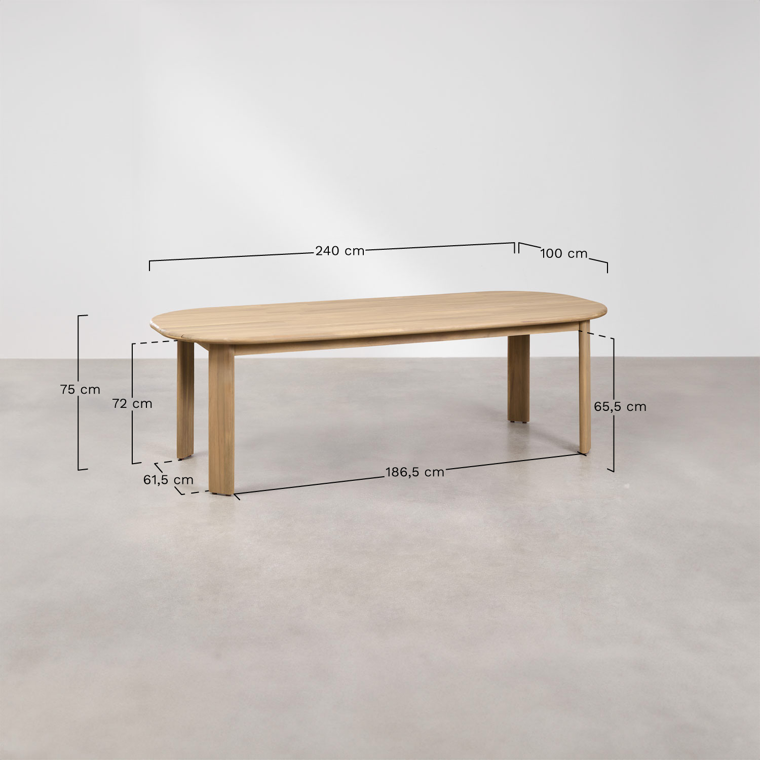 Oval table set 240x100 cm in acacia wood and 8 garden chairs in acacia wood Uleno, medidas