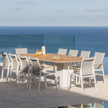 Rectangular Table Set 260x110 Cm In Aluminum And Teak Wood Inkeri And 10 Stackable Aluminum Garden Chairs Elvira Teak Wood - Sklum