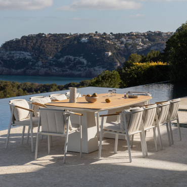 Rectangular Table Set 260x110 Cm In Aluminum And Teak Wood Inkeri And 10 Garden Chairs In Aluminum And Yervin Bouclé Fabric Natural Colors Bouclé -