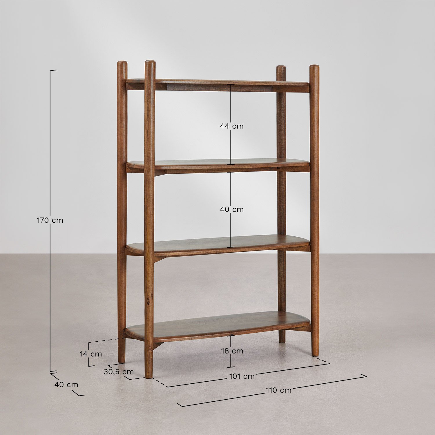 4-shelf mango wood bookcase Gina, medidas