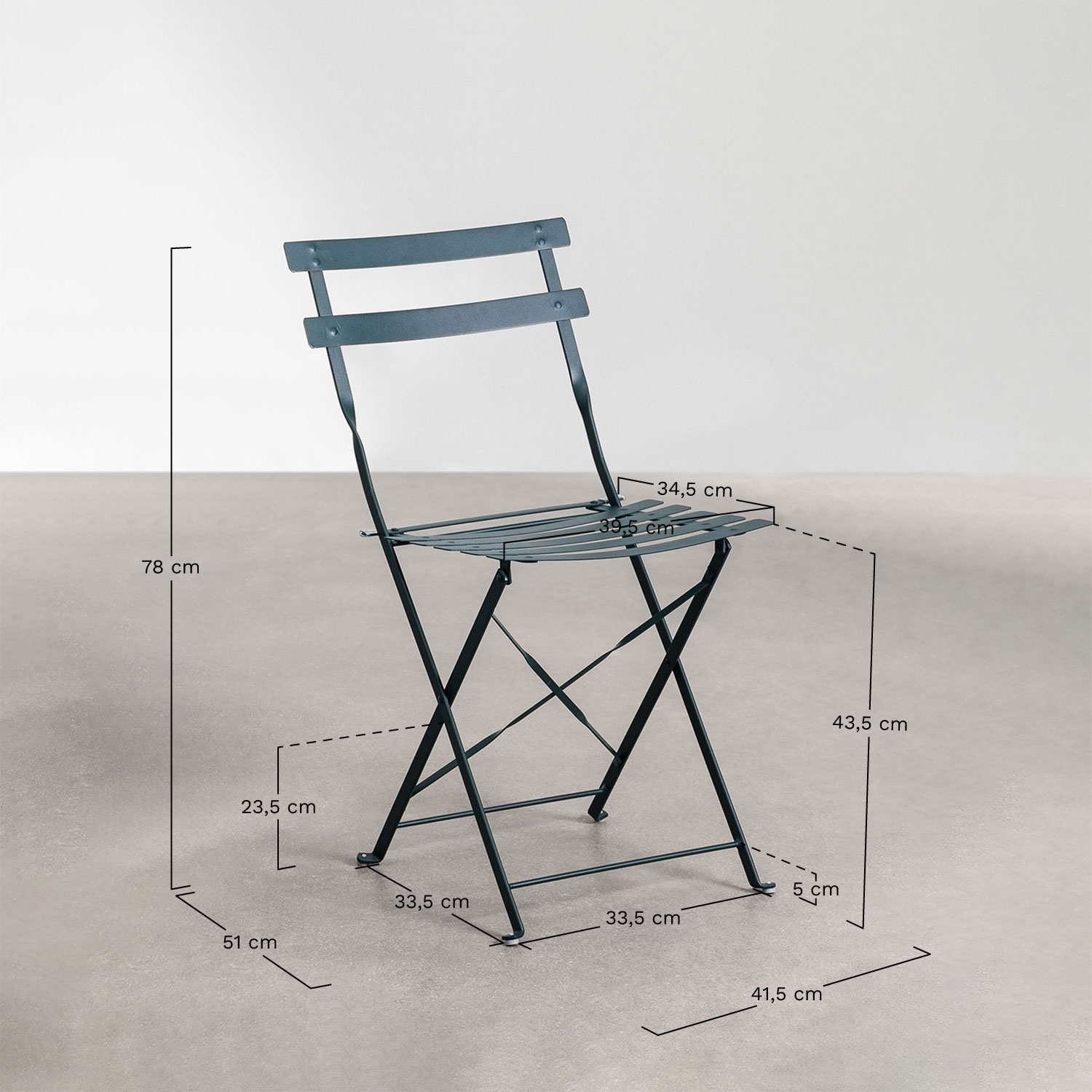 Sergey round garden table set, Ø60 cm, made of steel and two folding garden chairs, medidas