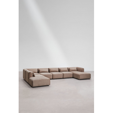 6-piece Modular Sofa With Fogler Right Chaise Longue And Pouf Corduroy Camel Brown - Sklum