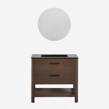 Bathroom Furniture Set In Wood With Integrated Sink Misene Dark Brown Wood & Round Led And Antifog Ø70 Cm Solyn & Without Tap - Sklum