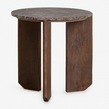 Lavinia Round Side Table Ø50 Cm In Natural Stone And Mango Wood Brown Marble & Dark Brown Wood & Ø50 Cm - Sklum