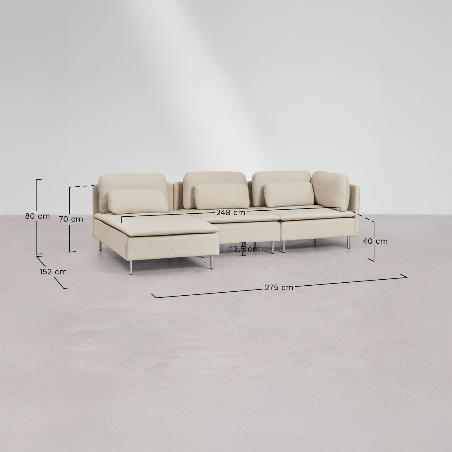 Oriol 3-piece left-hand chaise longue modular sofa with corner unit, medidas