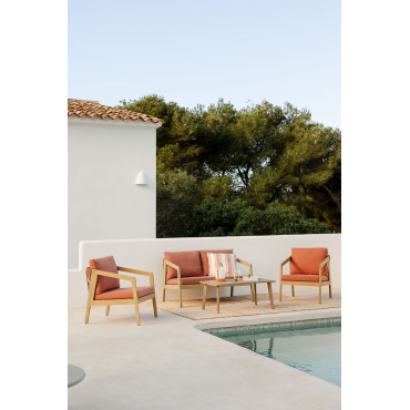 Garden Set With 2-seater Sofa, 2 Armchairs And Coffee Table In Acacia Wood And Braided Rope Kaela Red Roof Tile & Acacia Brown - Sklum