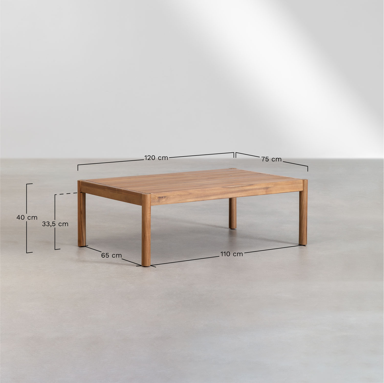 Rectangular garden coffee table 120x75 cm in Melvin acacia wood, medidas