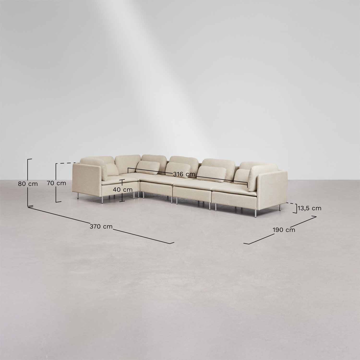 Oriol 5-piece modular corner sofa, medidas