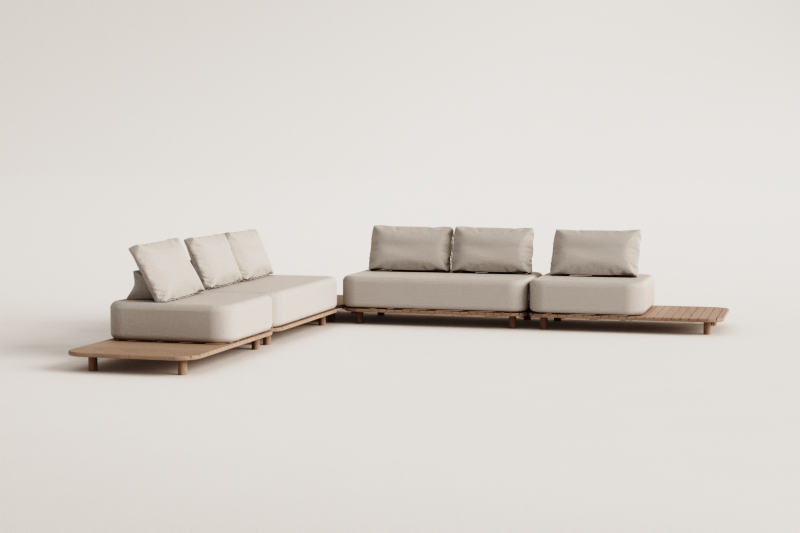 Portet 4-piece corner modular sofa garden set with side table in acacia