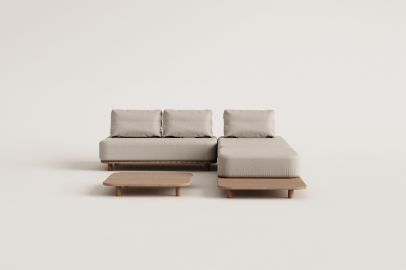 Living room set with 3-piece modular chaise longue sofa, side table, and 95x95 cm acacia coffee table Portet