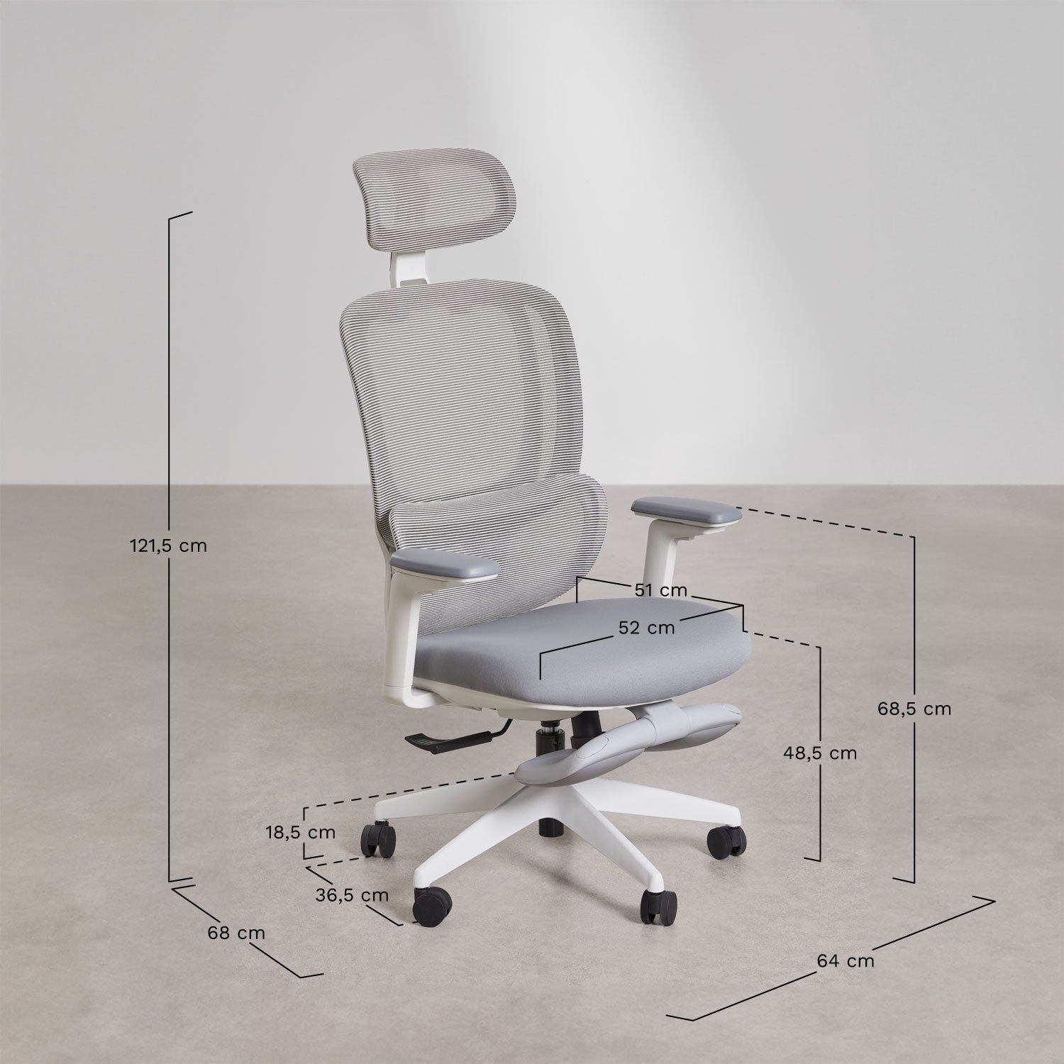 Saubion office chair with wheels, armrests, and footrest, medidas