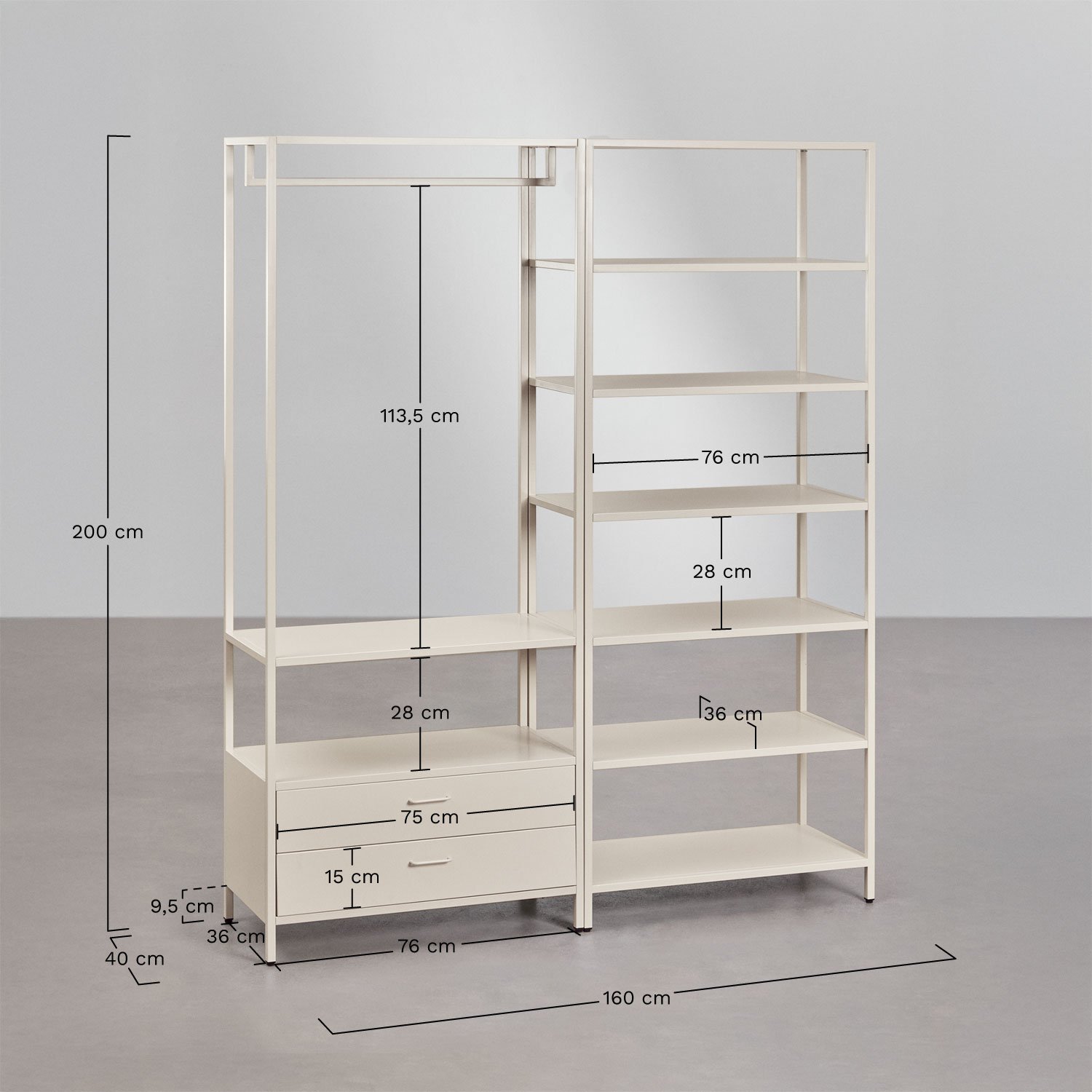 Janine 2-piece open modular wardrobe with drawers and steel shelving, medidas