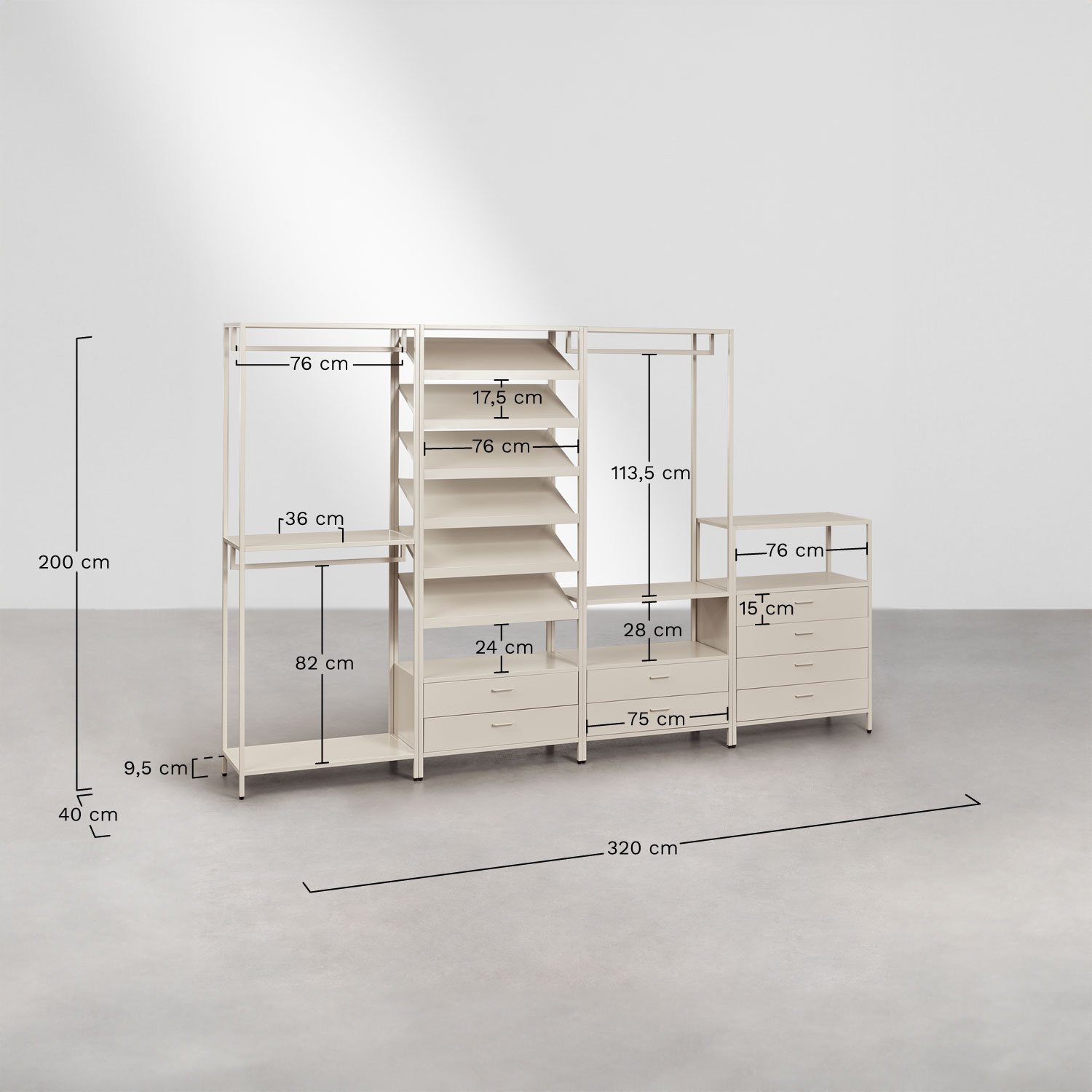 Janine 4-piece open modular wardrobe with steel drawers, medidas