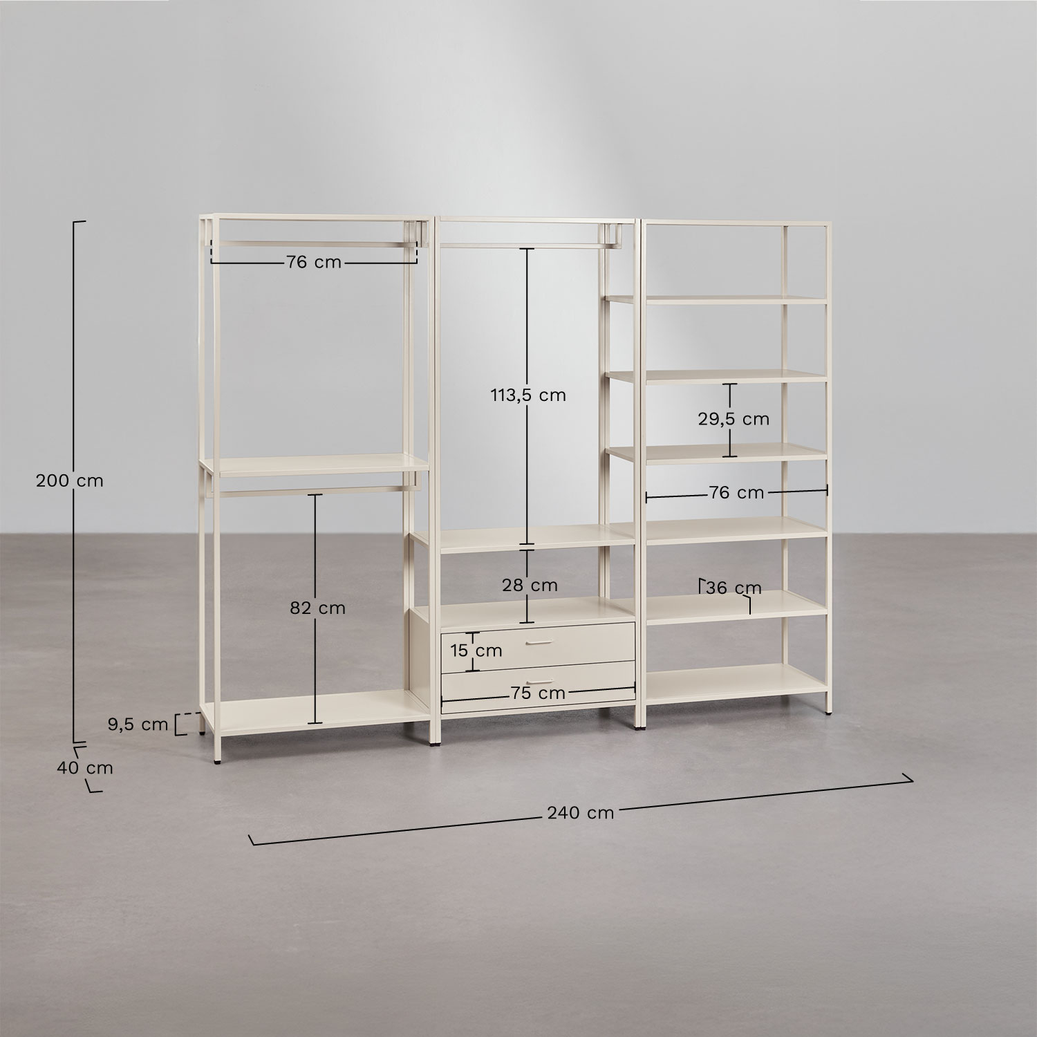Janine 3-piece open modular wardrobe with steel shelving, medidas