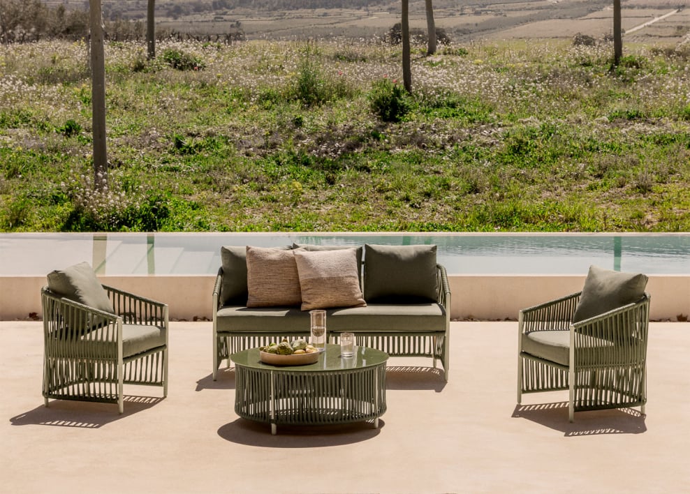 Garden set with a 2-seater sofa, 2 armchairs, and coffee tables in aluminum and Sophie braided rope. - Light Army Green