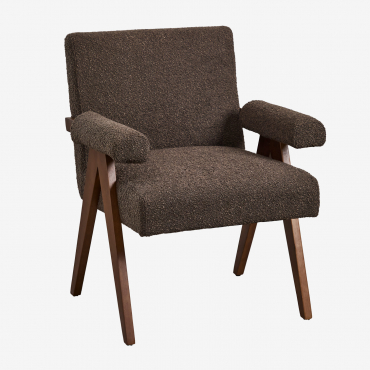Dining Chair With Armrests In Wood And Bouclé Fabric Lucca Fabric Chocolate Bouclé - Sklum