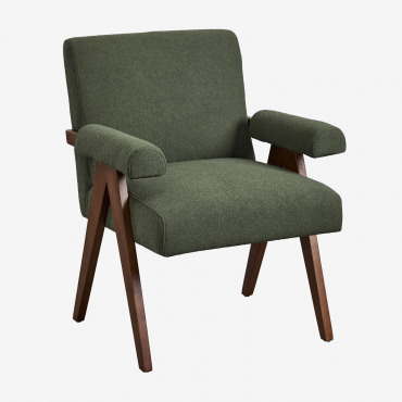 Lucca Armchair In Wood And Bouclé Fabric Army Green Bouclé - Sklum