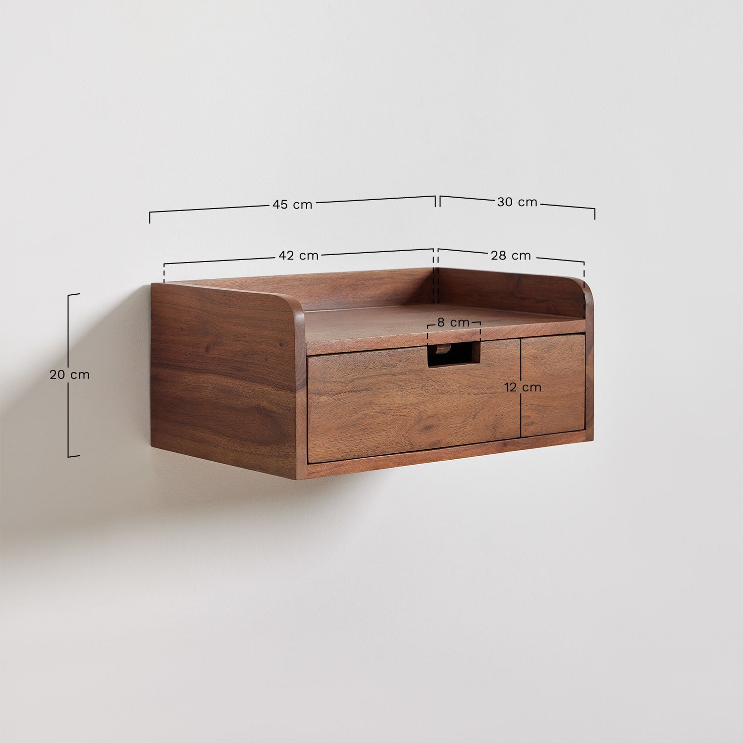 Pack of 2 floating bedside tables 45x30 cm in Narbona acacia wood, medidas