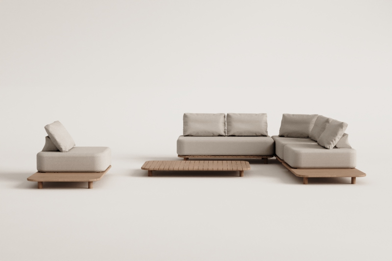 Living room set with a 3-piece modular corner sofa with a side table and a coffee table, 160 x 95 cm, in Portet acacia.