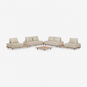Living Room Set With A 4-piece Modular Corner Sofa With Side Tables And A 95x95 Cm Coffee Table In Portet Acacia. Gardenia White - Sklum