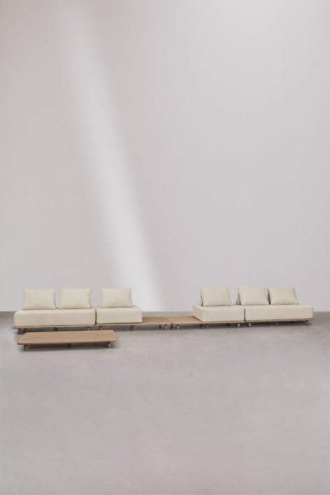 Living room set with 4-piece modular sofa, side table, and 160x95 cm acacia coffee table Portet