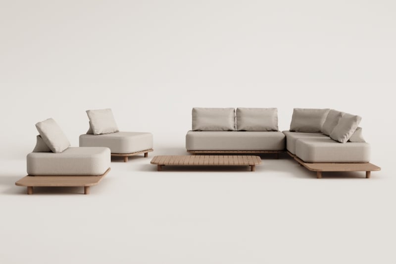 Garden set with 5-piece modular corner sofa with side table and coffee table 160x95 cm in Portet acacia