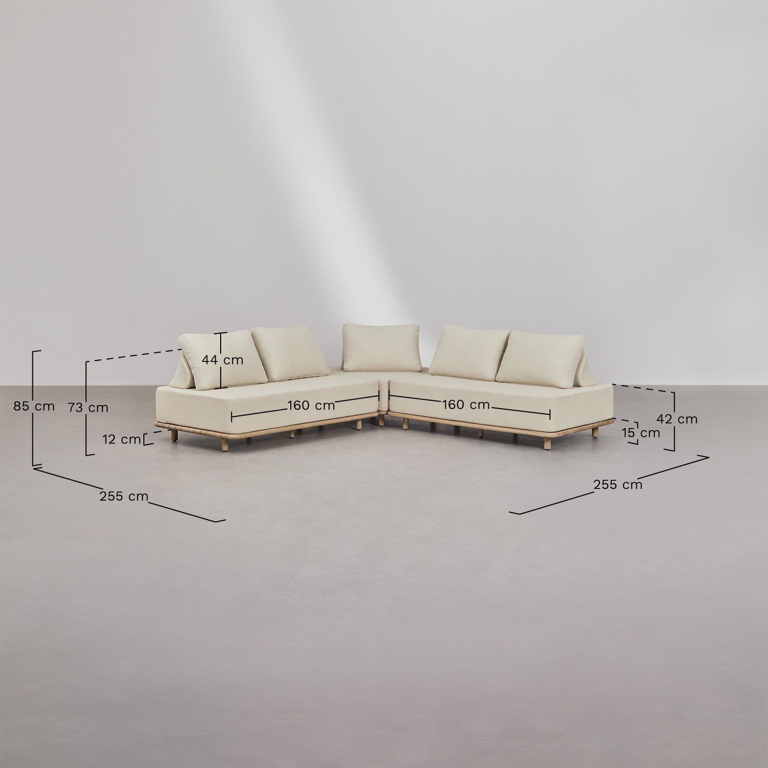 3-piece corner modular sofa living room set in Portet acacia, medidas